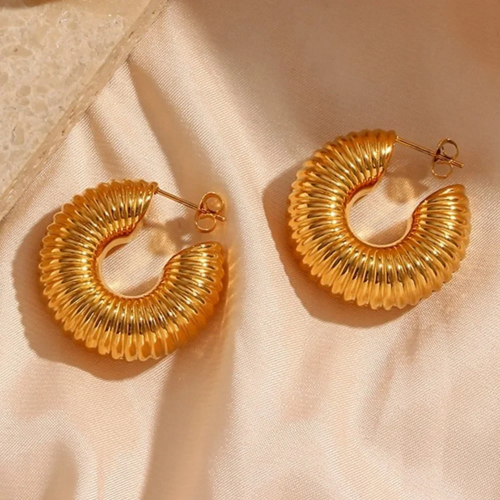 Vintage PVD 18K Gold Plated Hollow Chunky Textured Hoop Earring Stainles… - Picture 1 of 7